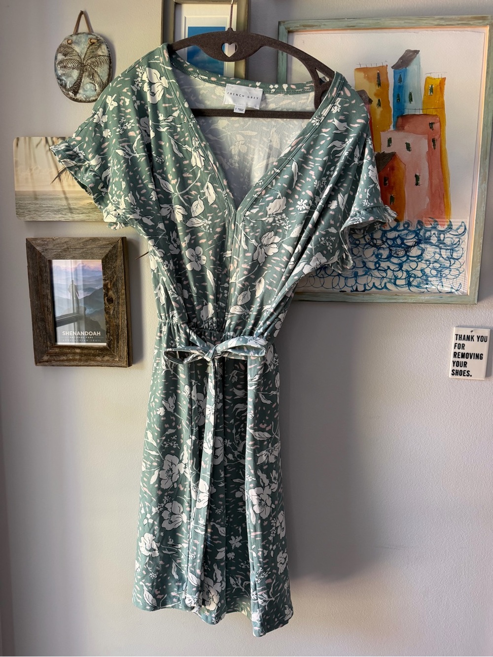 French Sage Green Floral Wrap Midi Dress with Tie